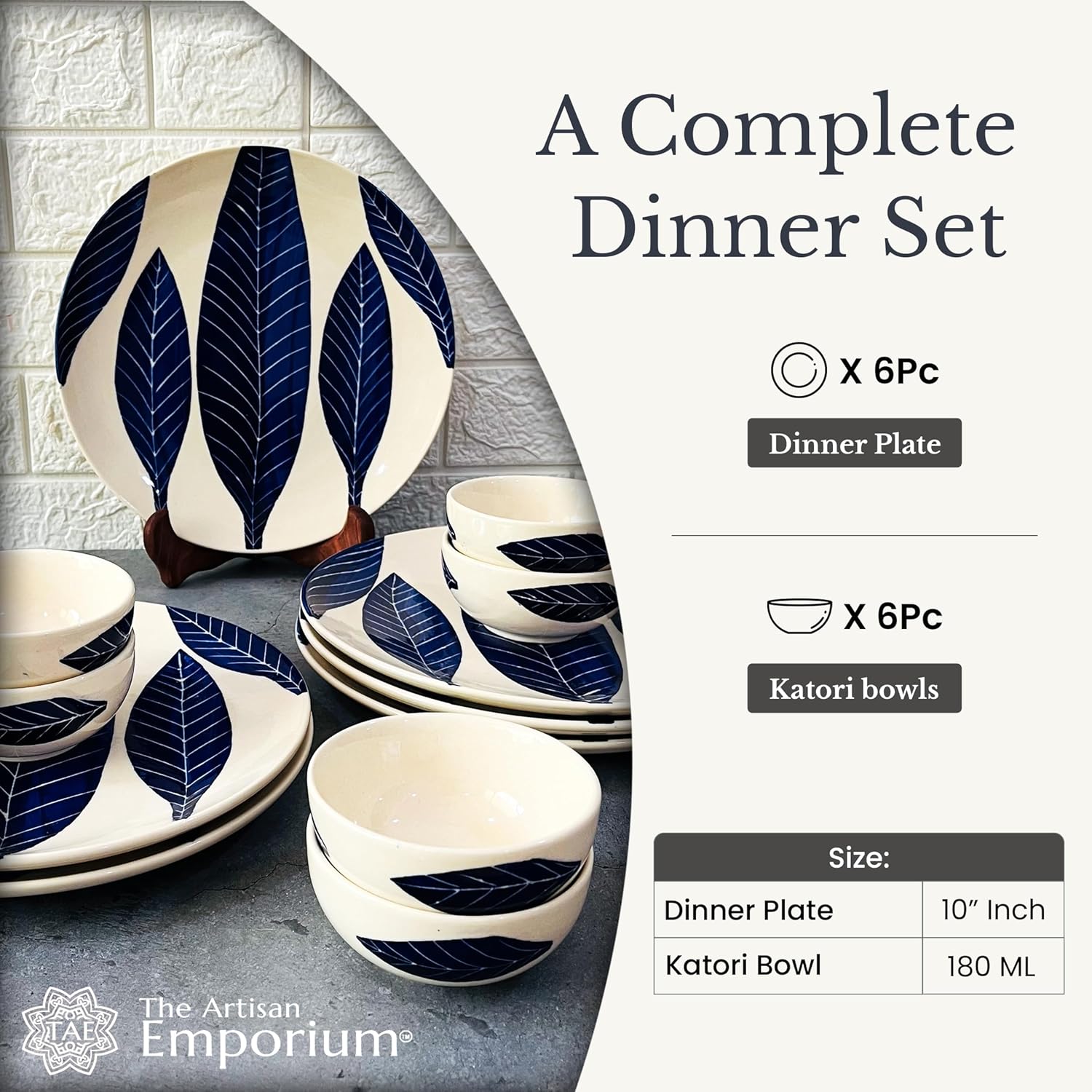 Patram Hand Painted Ceramic Dinner Set - 12 Pieces, White & Blue | 6 Dinner Plates + 6 Katori Bowls, 180ml Each Dinnerware Set | Serving For 6, Microwave Safe