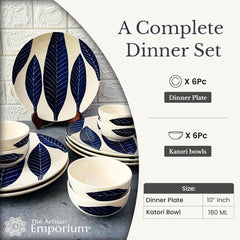 Patram Hand Painted Ceramic Dinner Set - 12 Pieces, White & Blue | 6 Dinner Plates + 6 Katori Bowls, 180ml Each Dinnerware Set | Serving For 6, Microwave Safe