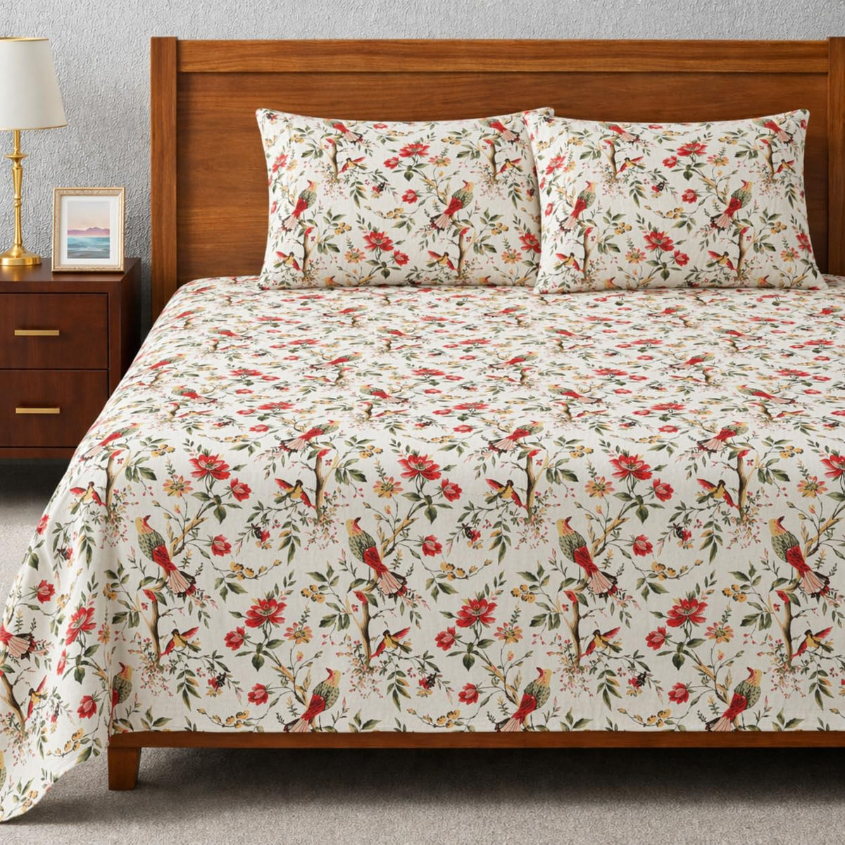 Hand Printed Cotton Bedsheet For King Size With 2 Pillow Covers | 90 X 108 Inches, White & Red | Ultra-Soft & Skin-Safe | Breathable Summer Comfort