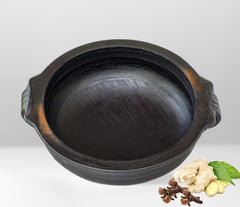 Deep Burned Uncoated Clay Pot With Lid & Handle Or Mitti Handi With 2 Spatulas Complimentary For Cooking & Serving - Black, 1 Liter | Pre-Seasoned Mud Pot - Unglazed, Double Fired, Hand Crafted