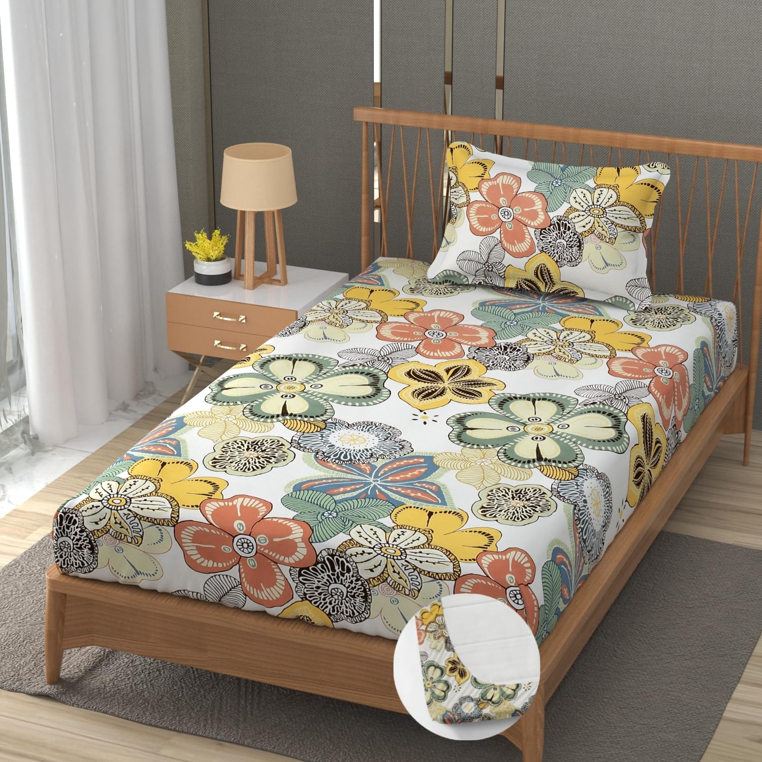 Premium Cotton Elastic Fitted 1 Single Bedsheets With 1 Large Pillow Covers | Size 36 X 78 X 6 Inches, Multicolor - Printed Big Flower | Wrinkle Free & Soft Touch Summer Bedsheet