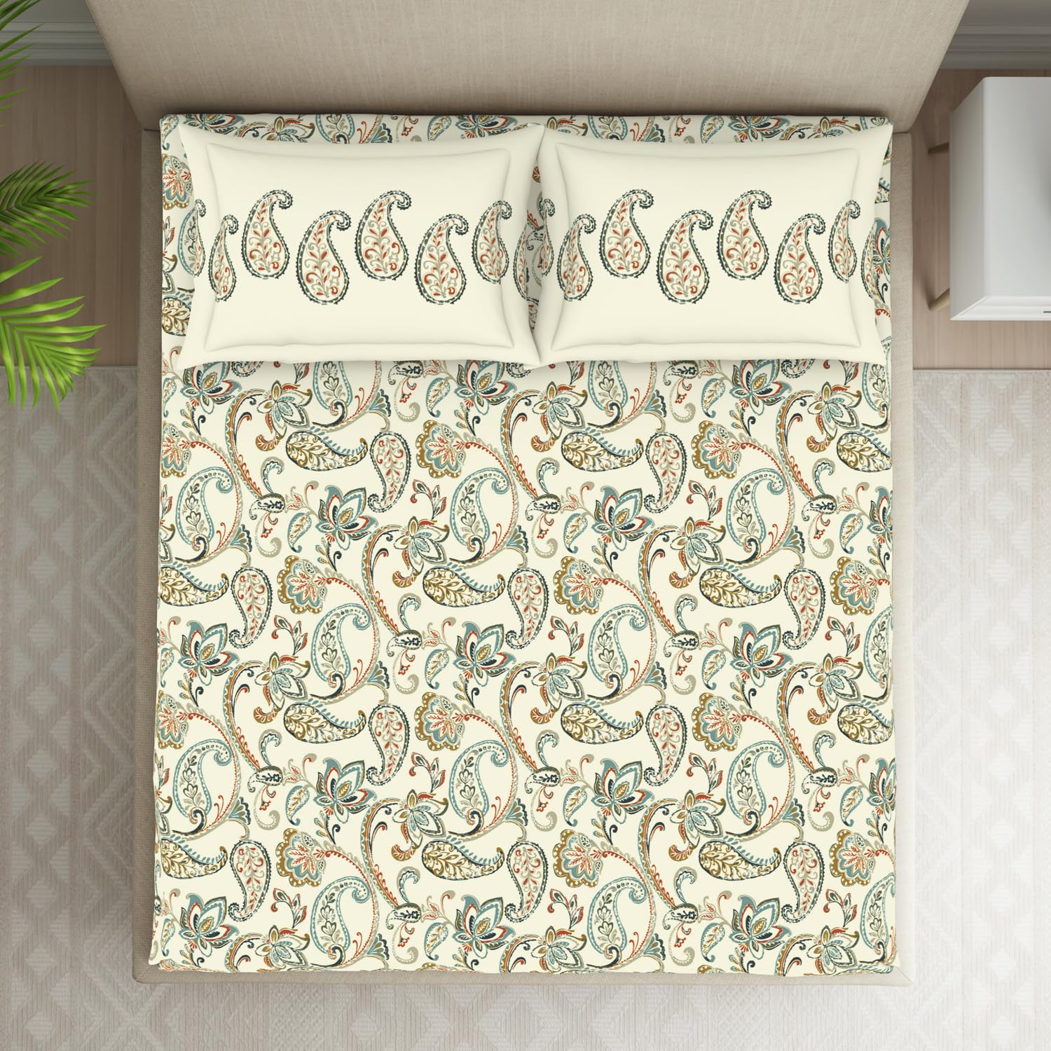 Double Bedsheet With 2 Pillow Covers (Size 88 X 100 Inch) Cream | Breathable Pure Cotton Queen Size Bedsheet | Floral Design Bedsheet