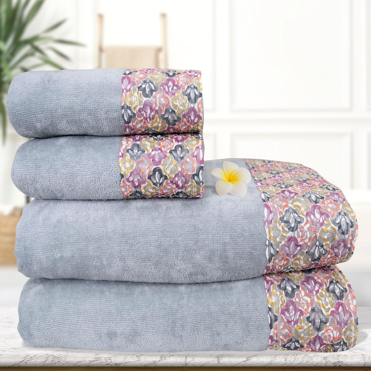 Rangoli Prima Dream 100% Cotton Lace 2 Bath & 2 Hand Towel 1400 Gsm | Ultra Soft, Super Absorbent & Eco-Friendly Hanging Bath Towels (Grey) - Pack Of 4