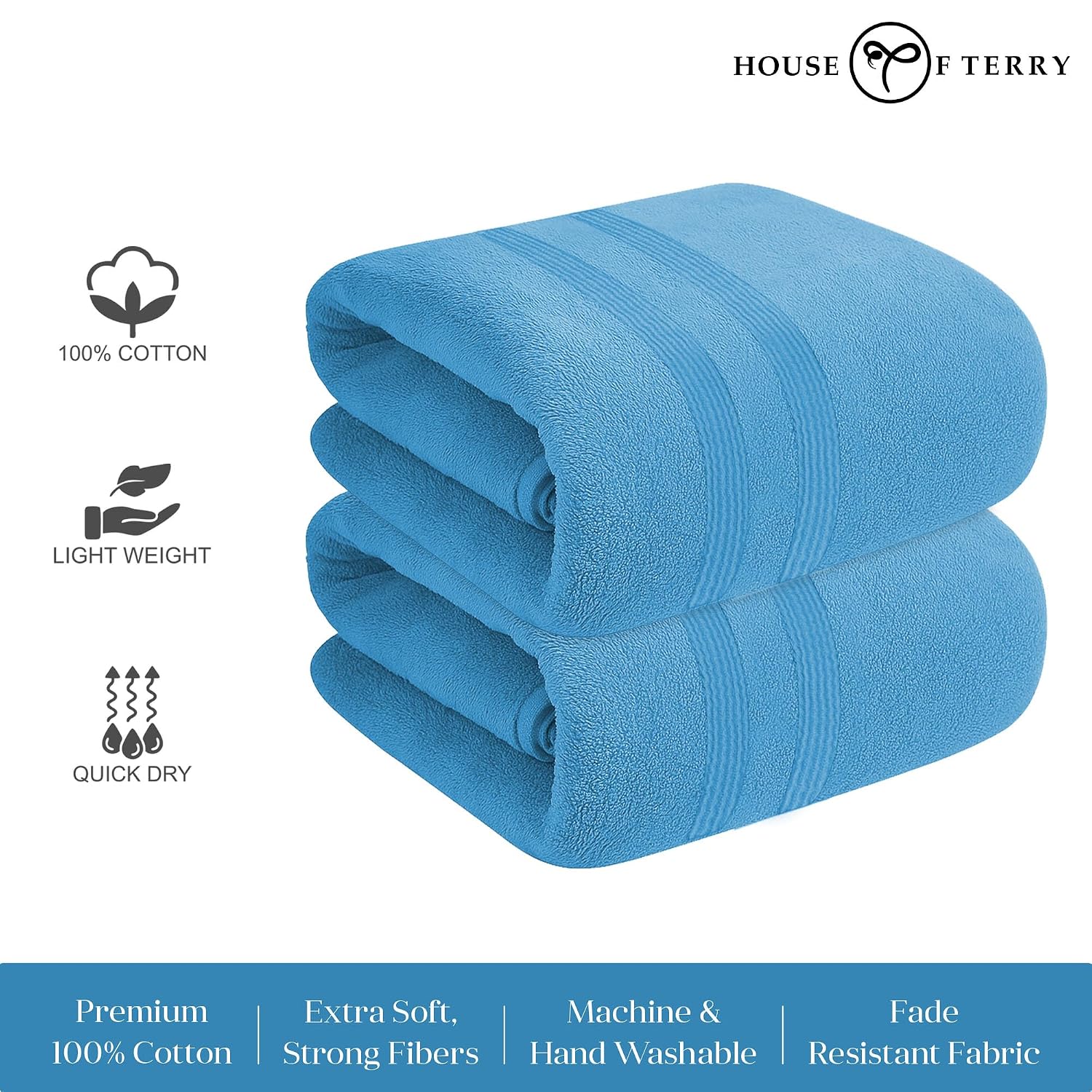 House Of Terry 100% Cotton Bath Towel 900 Gsm | Quick Dry, Fade-Resistant, Soft, Lightweight & Absorbent For Men & Women Large Size Towel (Blue) - 2 Pcs
