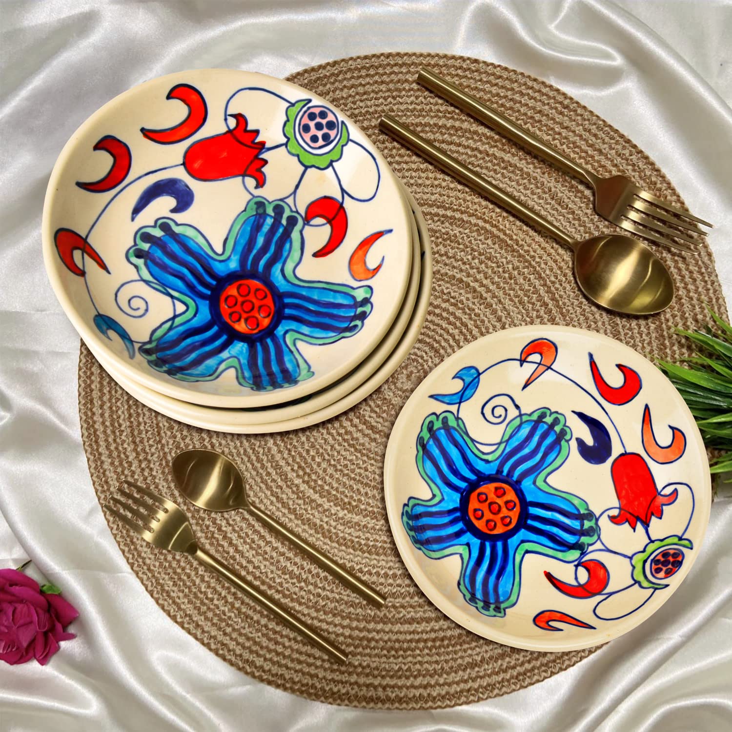 Hand Painted Ceramic Floral Round Pasta Serving Plates Set Of 4 - 8.5 Inches, Off White & Multicolor | Soup Plates - Ceramic Maggi Plates