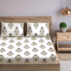 Elastic Fitted Bedsheet For King Size With 2 Pillow Cover - 78 X 84 Inches, Cream & Purple | Soft & Luxury Bed Sheet-Breathable & Comfortable Bedsheet