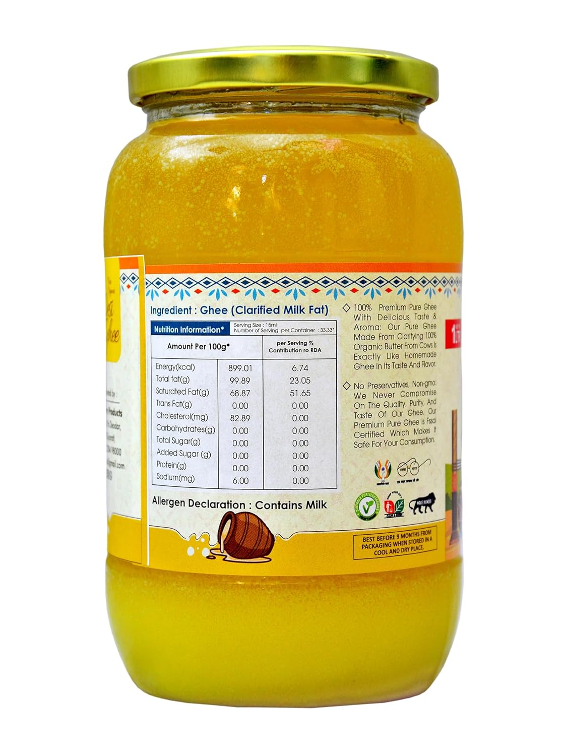 Premium Shudh Desi Cow Ghee By Diyodar Wala | Rich In Nutrients & Delicious Healthy Desi Cow Ghee Good For Dishes | (1 Litre) 33.8 Ounce | Jar Pack