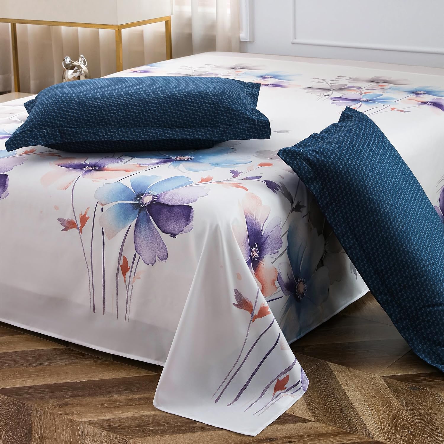 Bedsheets For Double Bed With 2 Pillow Cover - 92 X 98 Inches, White & Blue | Satin Finish Microfiber Queen Size Bedsheet | Skin Friendly & Breathable Fabric