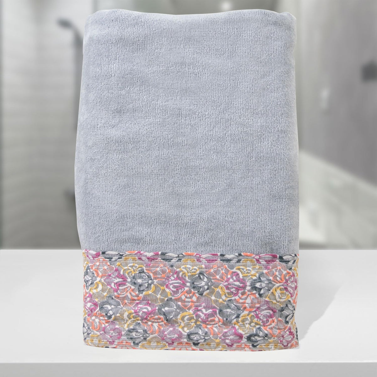 Rangoli Prima Dream 100% Cotton Lace Bath Towel 450 Gsm | Ultra Soft, Super Absorbent & Eco-Friendly Hanging Bath Towels (Grey) - Pack Of 1