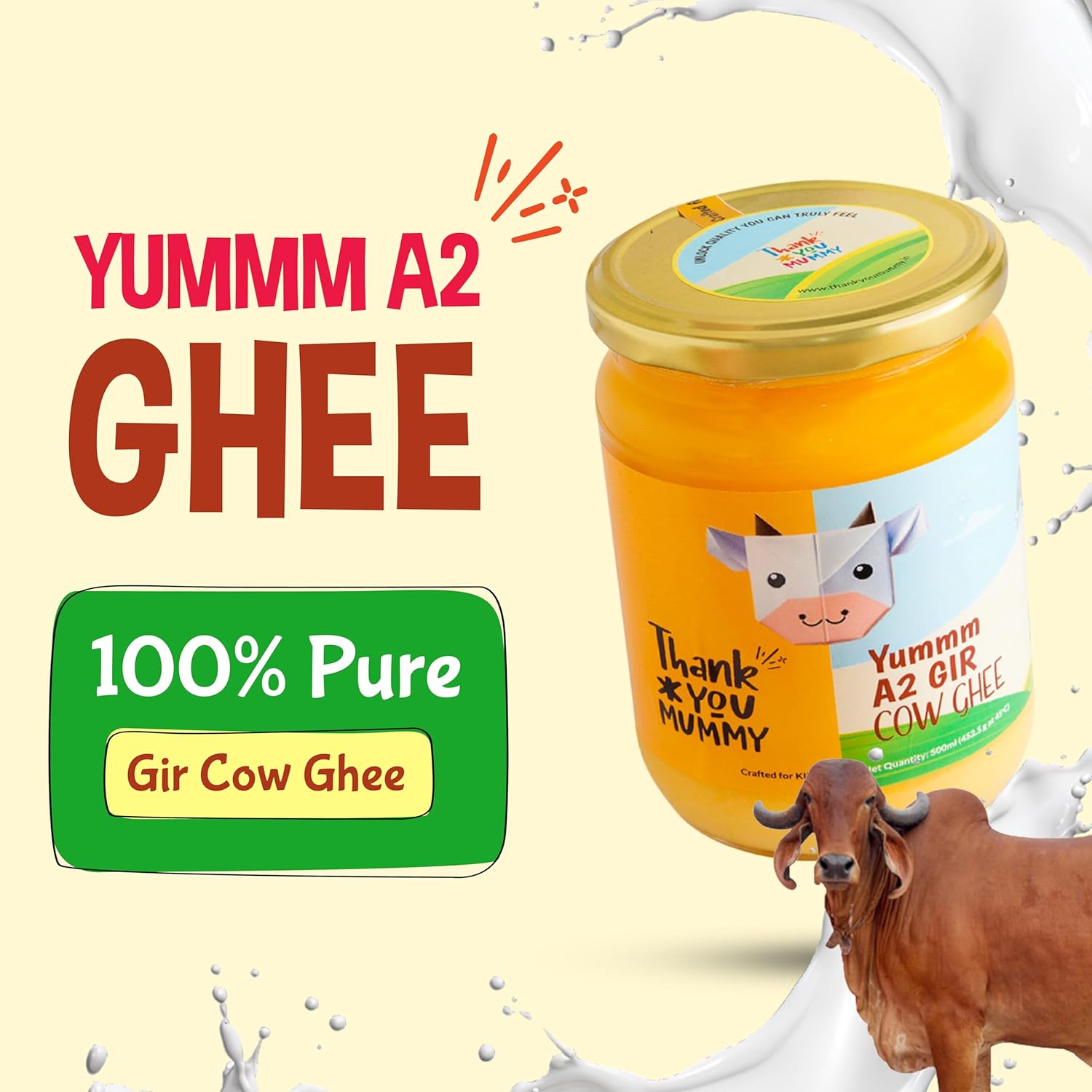 100% Pure Yummm A2 Cow Desi Ghee By Thank You Mummy | Good Source Of Protein Fiber Healthy Desi Ghee Perfect For Bakes Cookies | (500ml) 16.9 Ounce | Jar Pack