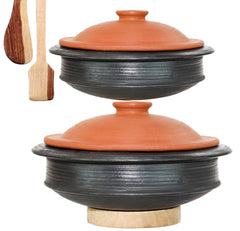 Deep Burned Uncoated Clay Pot Or Mitti Handi With Lid Combo + 2 Wooden Spatulas Complimentary Pack Of 2 - Black, 2+3 Liters | Pre-Seasoned Mud Pot - Unglazed, Double Fired, Hand Crafted