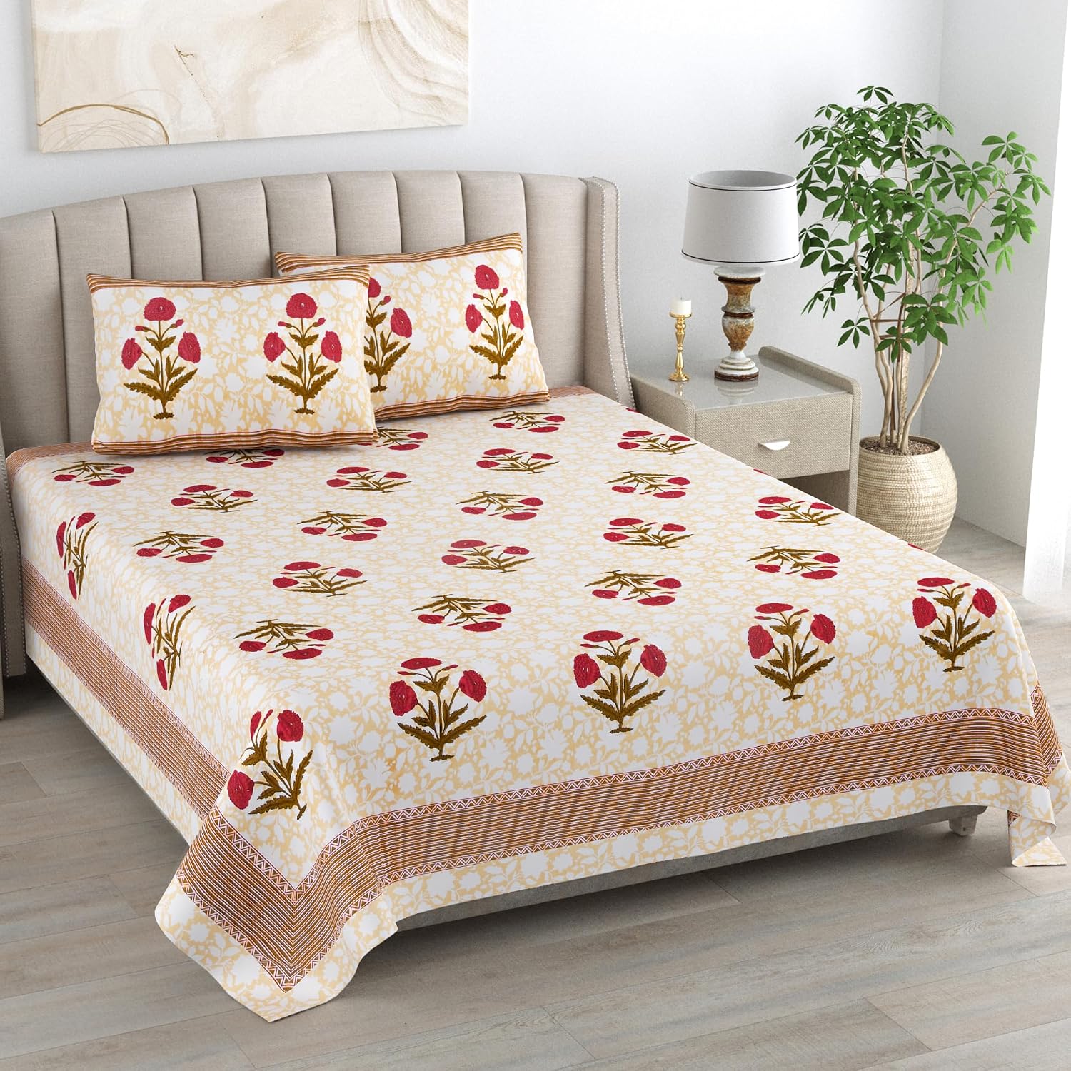 Printed Cotton Double Bedsheet For King Size With 2 Pillow Covers (95 X 108 Inches) Yellow & Red | 240 Thread Count - Pure Cotton Natural Fabric & Skin-Safe | Extra Soft & Wrinkle Free