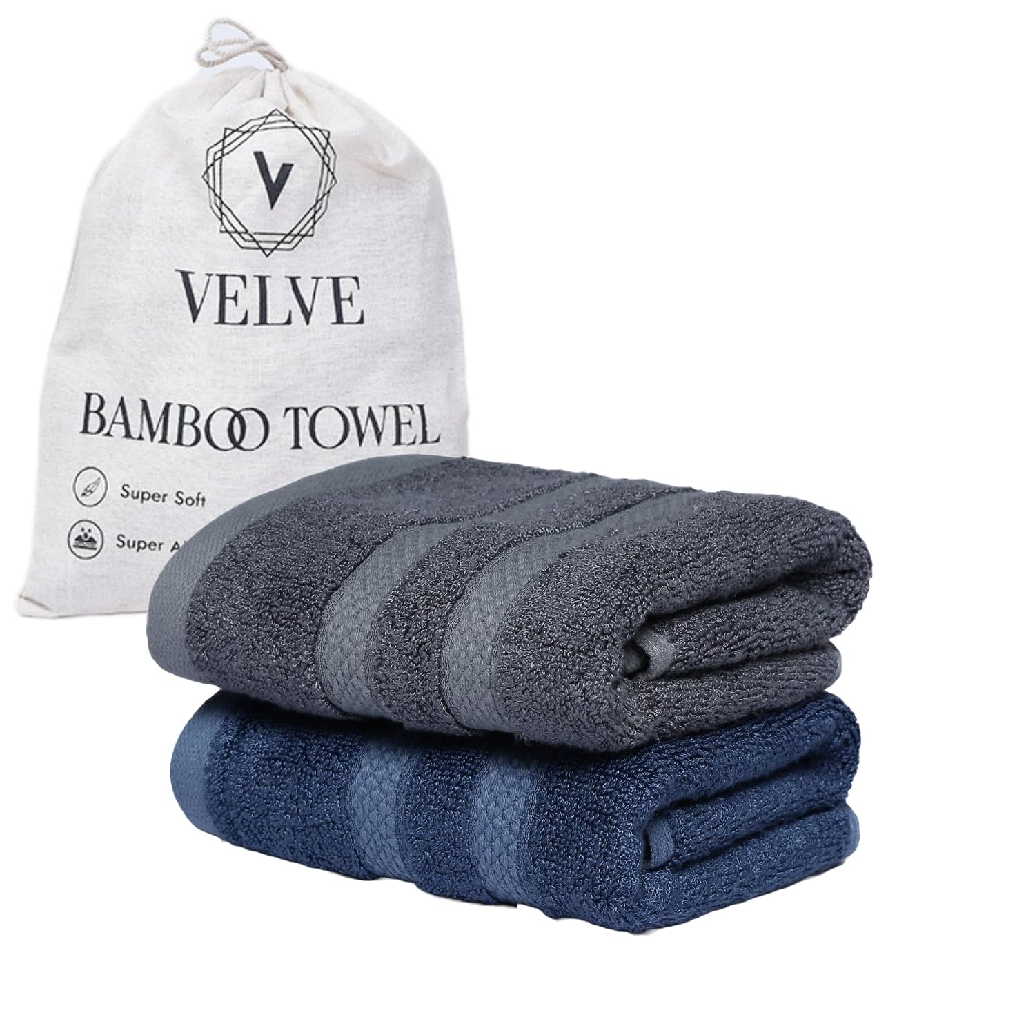 Velve 100% Bamboo Face Towel 600 Gsm | 2x Softer & Absorbent Than Cotton Towels | Skin Friendly With Non-Toxic Colors (Royal Blue & Grey)- Pack Of 2