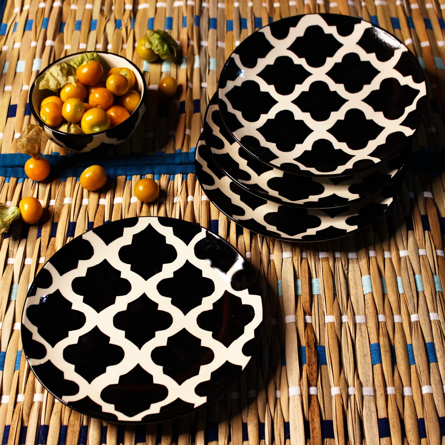 Hand Painted Black Moroccan Ceramic Quarter Plates Set Of 4 | Small Side Plates For Dinner, Snacks - 7 Inch, 4 Pieces, Microwave Safe