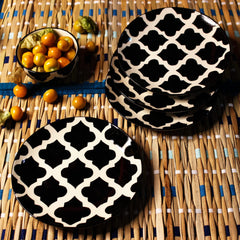 Hand Painted Black Moroccan Ceramic Quarter Plates Set Of 4 | Small Side Plates For Dinner, Snacks - 7 Inch, 4 Pieces, Microwave Safe