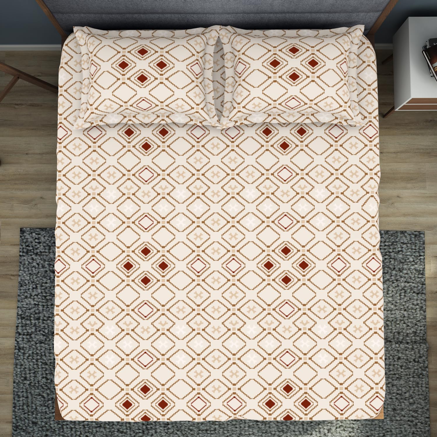 King Size 1 Double Bedsheet With 2 Pillow Covers - Size 108 X 108 Inches, Beige & Brown | Soft Feel Wrinkle Resistance | Durability & Comfort, Breathable
