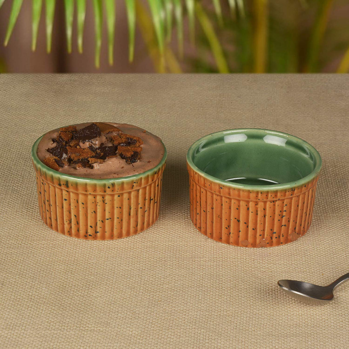 Studio Pottery Ceramic Dessert Dip Bowls Set Of 2 - 150ml Each, Brown & Copper Green | Chutney Bowls - Ketchup Bowls