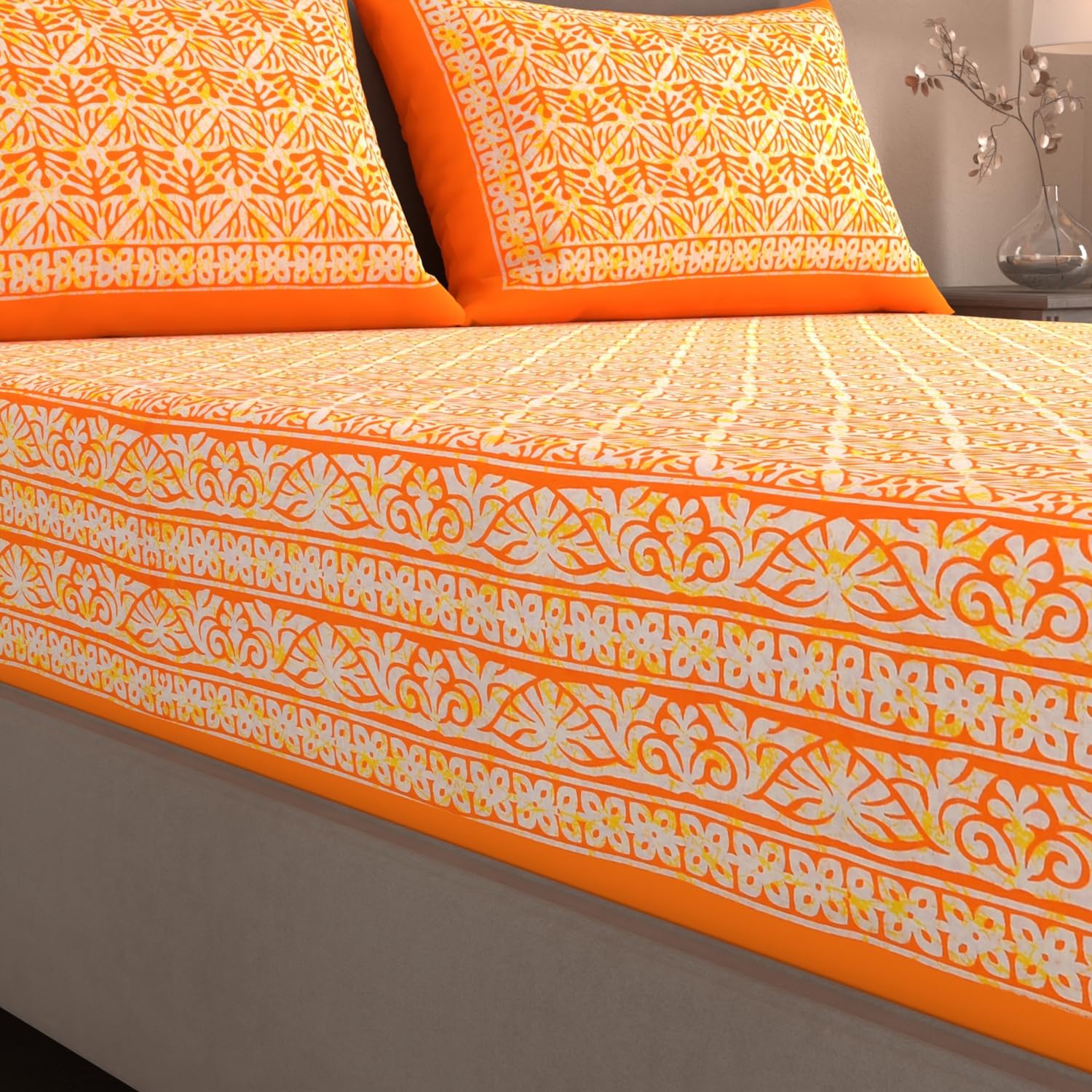 Handloom Printed Double Bedsheet For Queen Size With 2 Matching Pillow Cover | Size 90 X 100 Inches, Orange - Cotton Bedsheets For Double Bed | Soft & Smooth