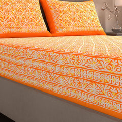 Handloom Printed Double Bedsheet For Queen Size With 2 Matching Pillow Cover | Size 90 X 100 Inches, Orange - Cotton Bedsheets For Double Bed | Soft & Smooth