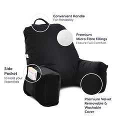 Backrest Pillow For Bed, Reading Pillow With Support Arms, Black, King Size | Comfortable Back Support For Reading, Working, Watching TV In Bed, Premium Velvet Zipper Cover, Washable