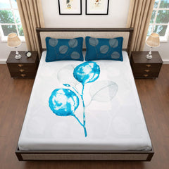 King Size Bedsheet With 2 Pillow Covers - 106 X 106 Inches, White & Blue | Summer Breathable & Wrinkle Free | Bedsheet Long Lasting & Soft To Touch