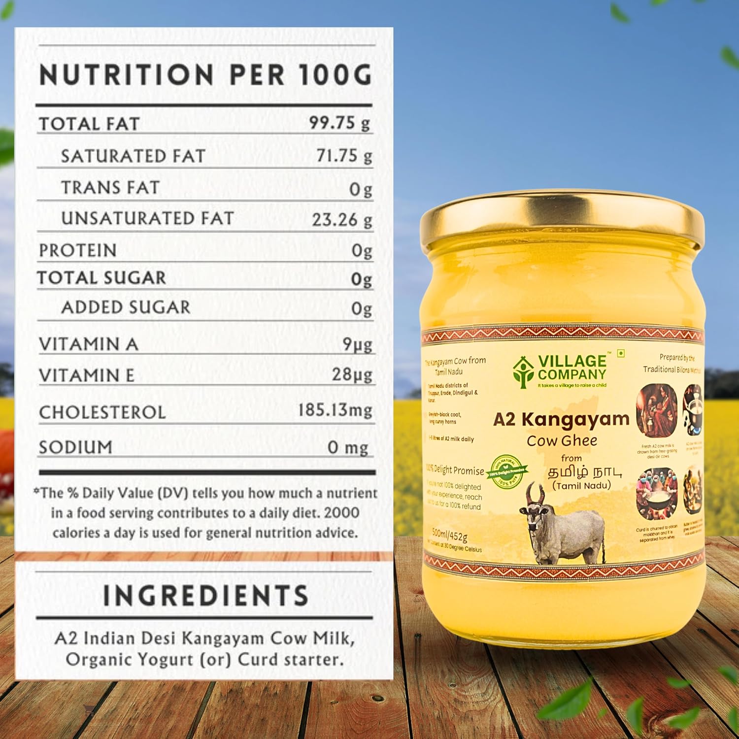 Premium A2 Kangayam Cow Ghee By Village Company | Rich In Nutrients Calcium & Iron Pure Healthy Desi Cow Ghee Good For Bones Health | (500ml) 16.9 Ounce | Jar Pack