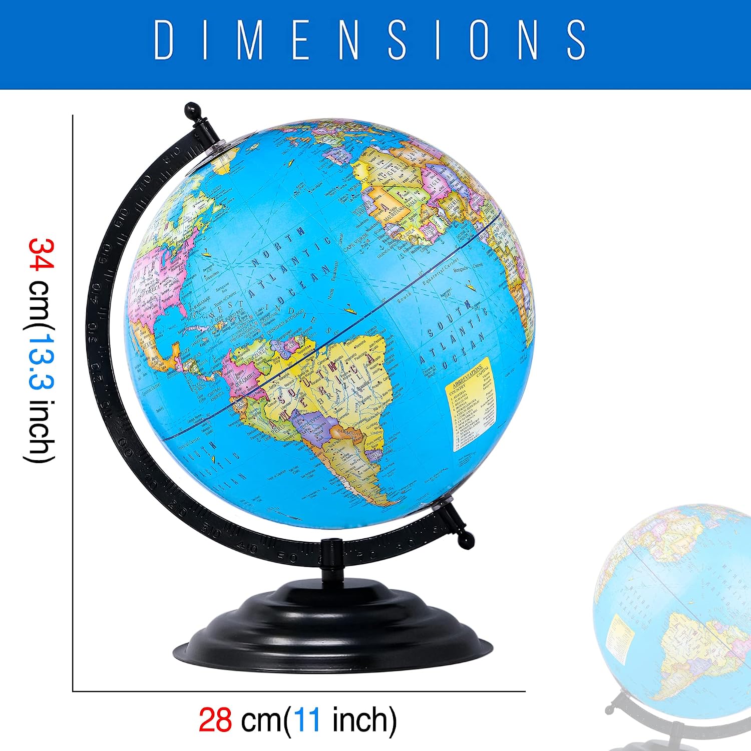 Globe Educational 13 Inch Height Metal Base World Globe For Office Decor, Gifting, Show Piece, Educational Globe For Kids & Students Learning, Pack Of 1