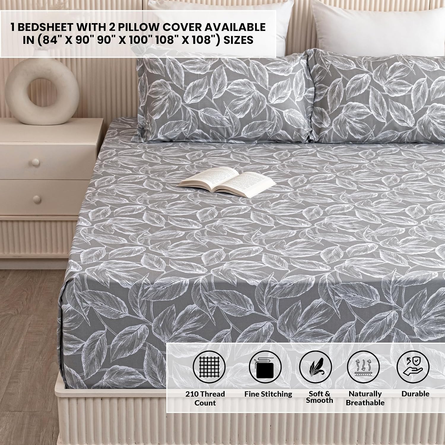 Grey & White King Size Bedsheet With 2 Pillow Covers - 108 X 108 Inches | Luxurious Printed Flat Sheets | Perfect For Home Decor & Gifting