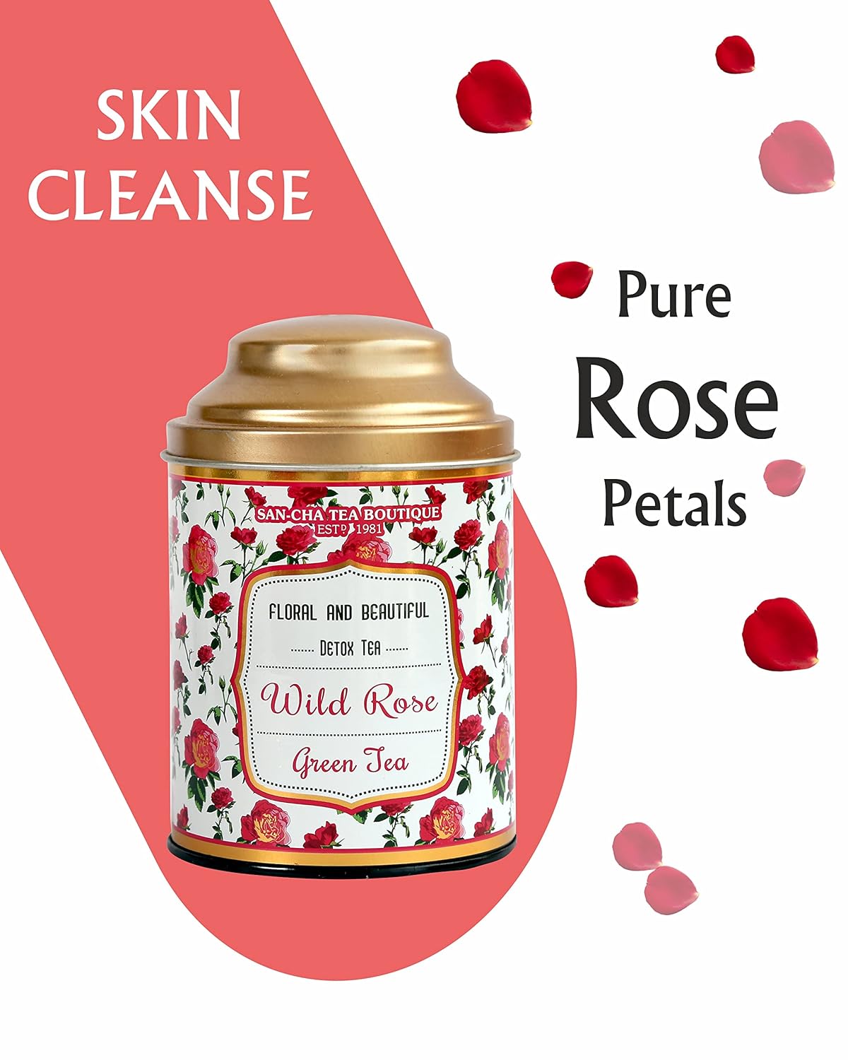 San-Cha Wild Rose Green Tea - 100gm, 3.5 Ounce | Floral & Beautiful Detox Tea - Promotes Skin Glow & Skin Health | Low Bitterness, Low Caffeine