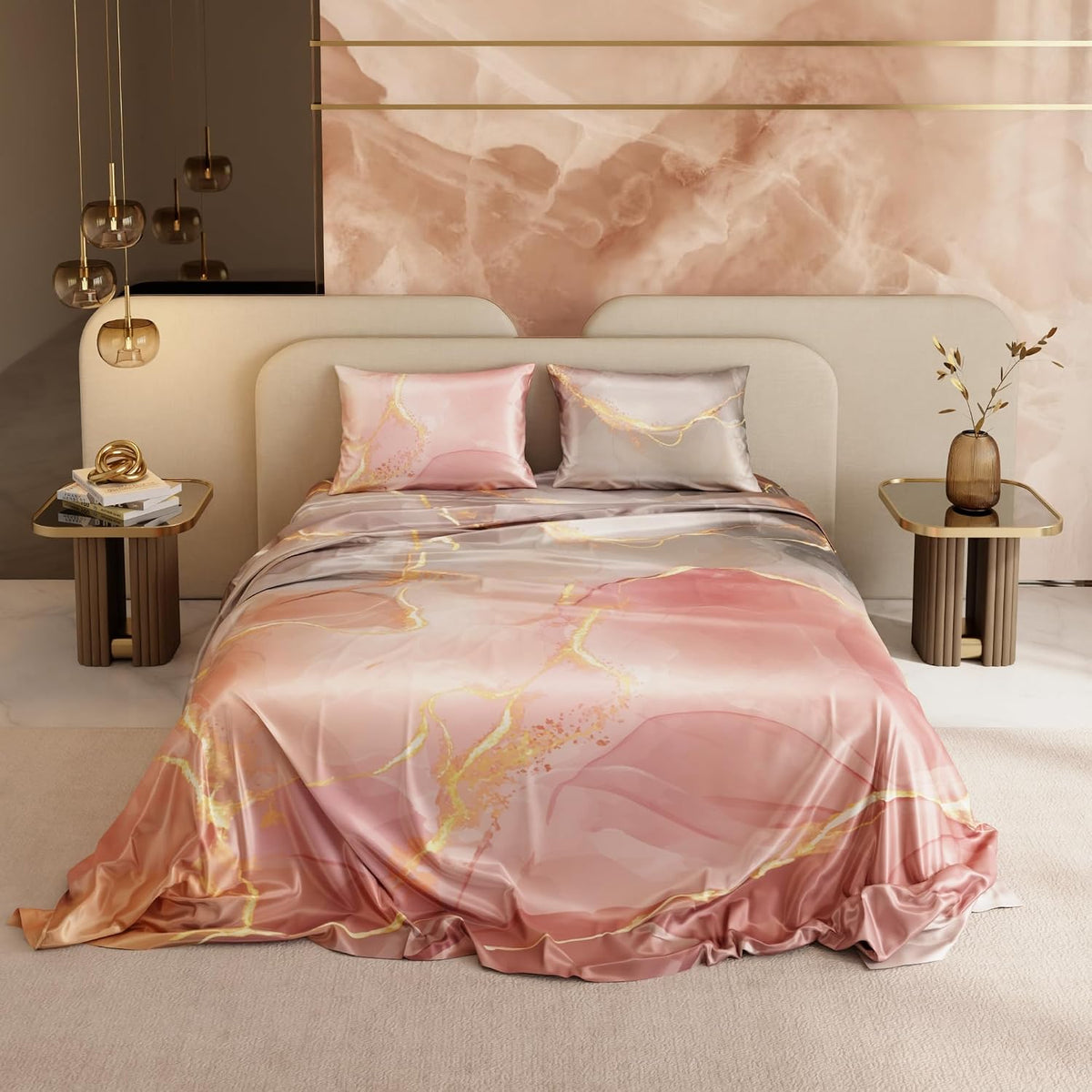 Satin Bedsheet King Size Bed With 2 Pillow Covers | 90 X 108 Inches, Grey & Peach | Premium Bedding Set, Gifts For Couples, Wedding, Anniversary