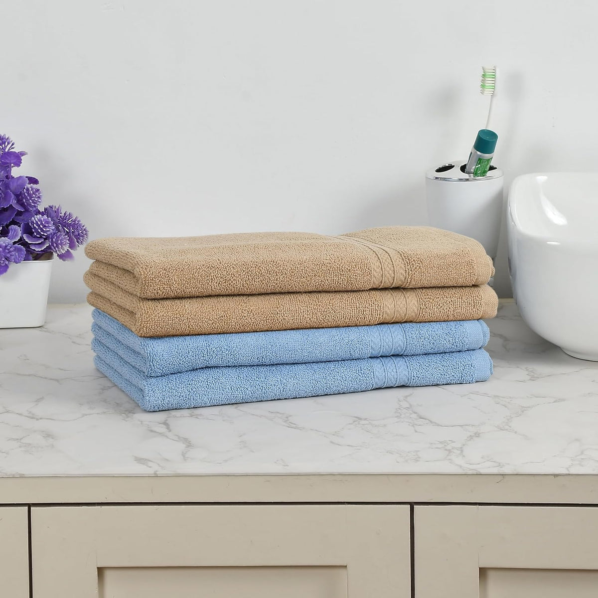Fresh From Loom Luxury Fur Collection Hand Towel 500 Gsm Napkins Cotton High Absorbency Double Stitched Size (Aqua & Beige) - Set Of 4