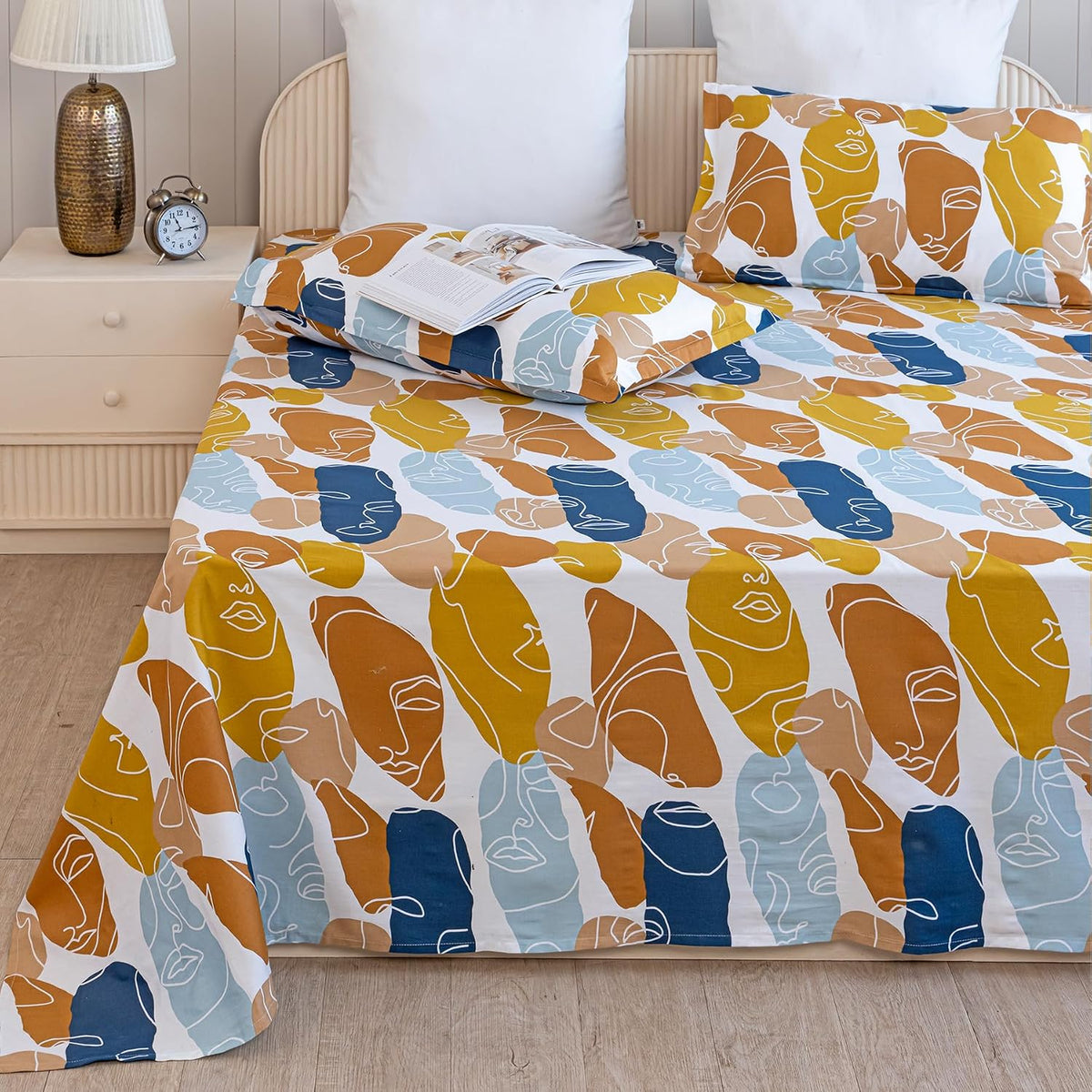 Super King Size Bedsheet With Two Pillow Covers - 108 X 108 Inches, White & Brown | Super Soft All-Season Floral Bedsheet | Home Decor & Gifting