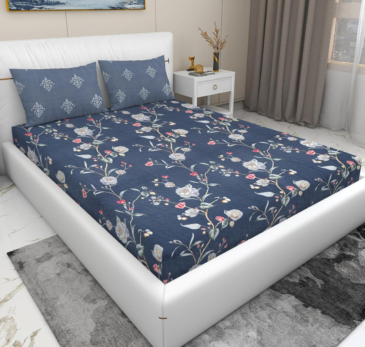 Elastic Fitted Bedsheets For King Size Bed With 2 Pillow Covers - 100 X 108 Inches, Grey & Pink | Ideal For Hotel, House, Guest House