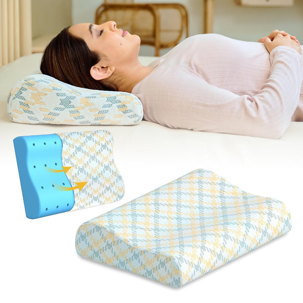 Cervical Pillow, Ventilated Cooling Gel Memory Foam Pillow, Mustard & Grey - King Size | Orthopedic Pillow Neck Support Pillow For Sleeping, Neck & Shoulder Pain, Long Lasting - Pack Of 1