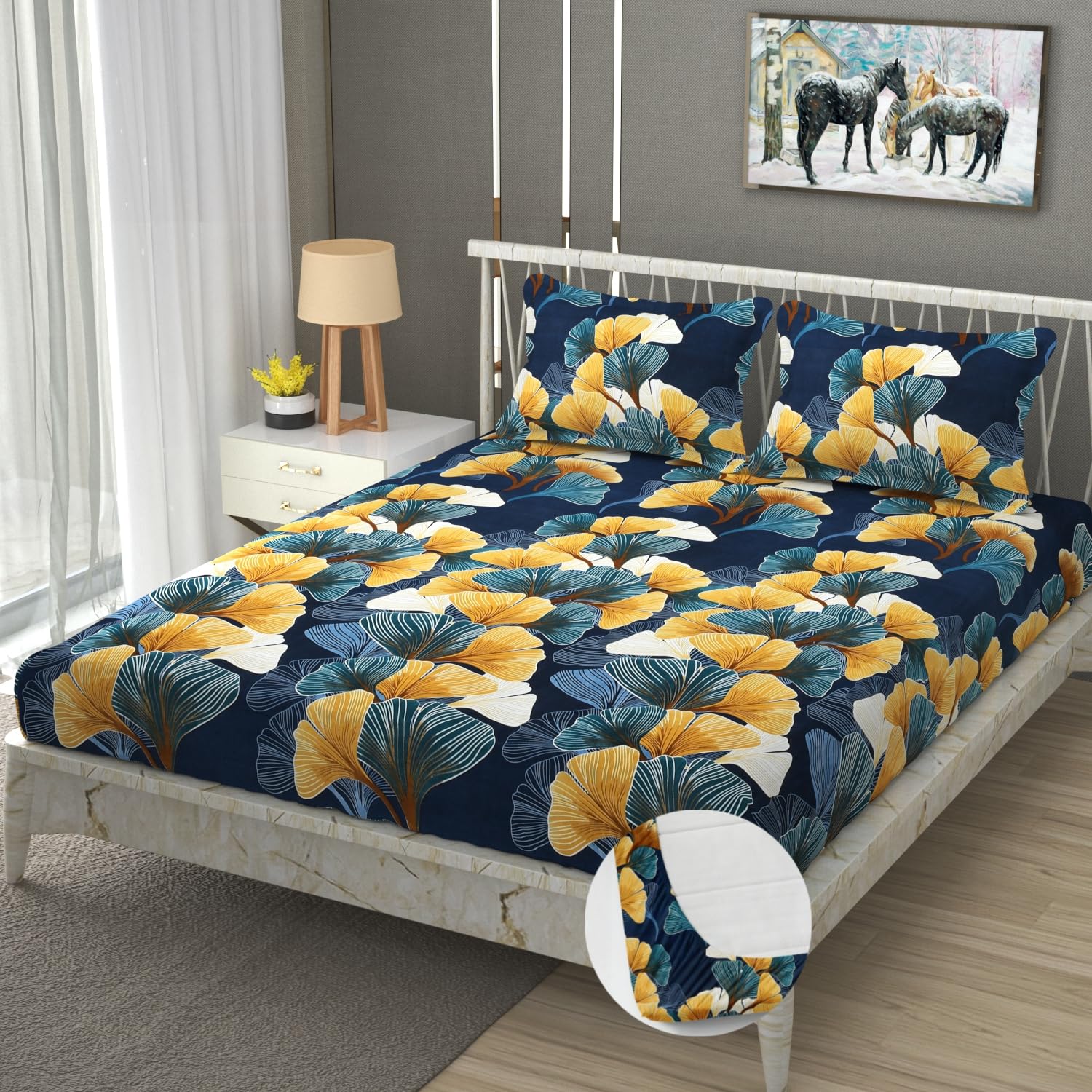 Cotton Elastic Fitted Bedsheets With 2 King Size Pillow Covers - 72 X 78 X 10 Inches, Multicolor | Double Bed With All Around Elastic 350 Thread Count