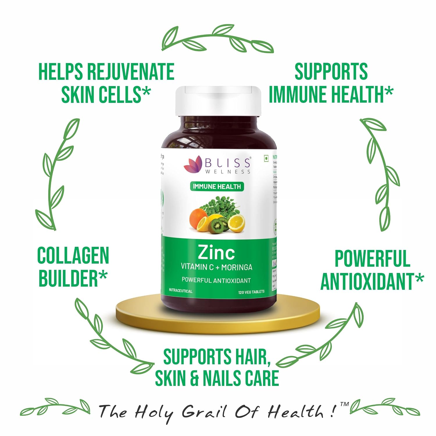 Bliss Welness Immunity Booster Skin Glow | Vitamin C + Zinc Citrate + Moringa Extract | Immune Boost Antioxidant Supplement | 120 Veg Tablets , 200gm 0.4lbs