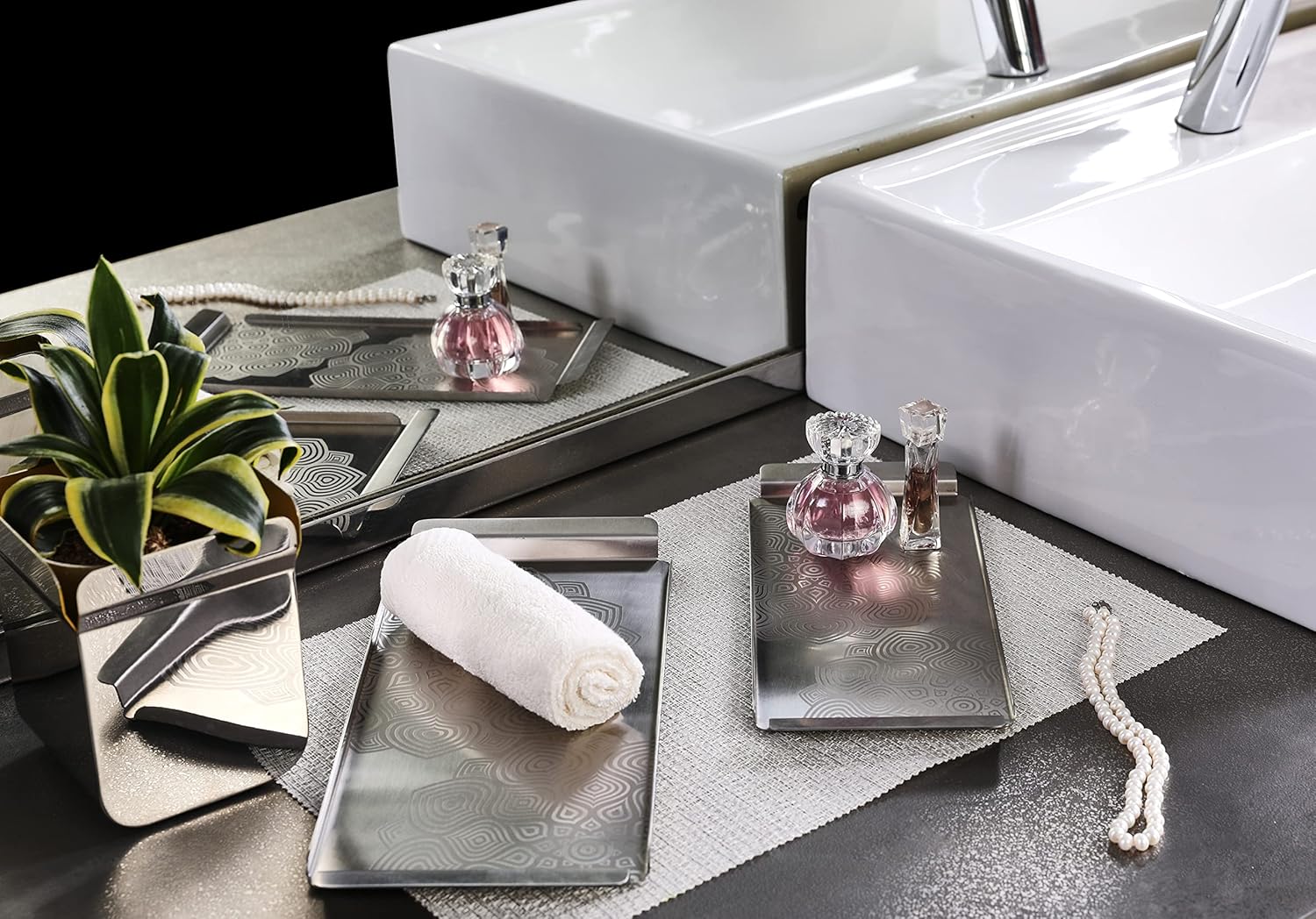 Designer Chrome Stainless Steel Tray, Small - Lotus Pattern, Luxury Gift Collection | Multipurpose Serving Platter - Premium Serve Ware, Dinnerware & Tableware | Padma Shvet Series