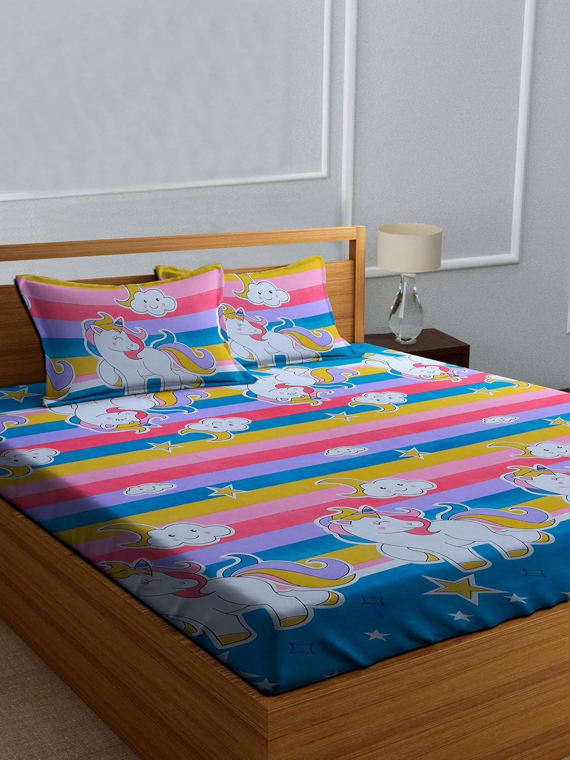 Kids Double Bedsheet With 2 Matching Pillow Covers - 86 X 90 Inches, Multicolor | Cartoon Rainbow Print Cotton Bedsheet - Soft & Vibrant Bedding Set For Girls