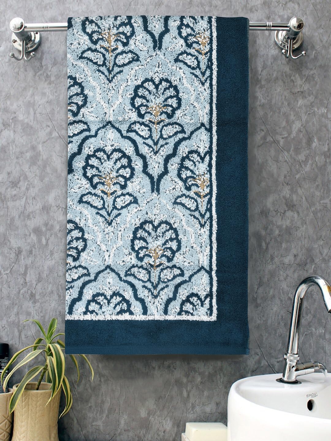 Homefresh Print Cotton Bath Towel 500 Gsm | Geometric Pattern Navy Blue & Grey (Zubaan)