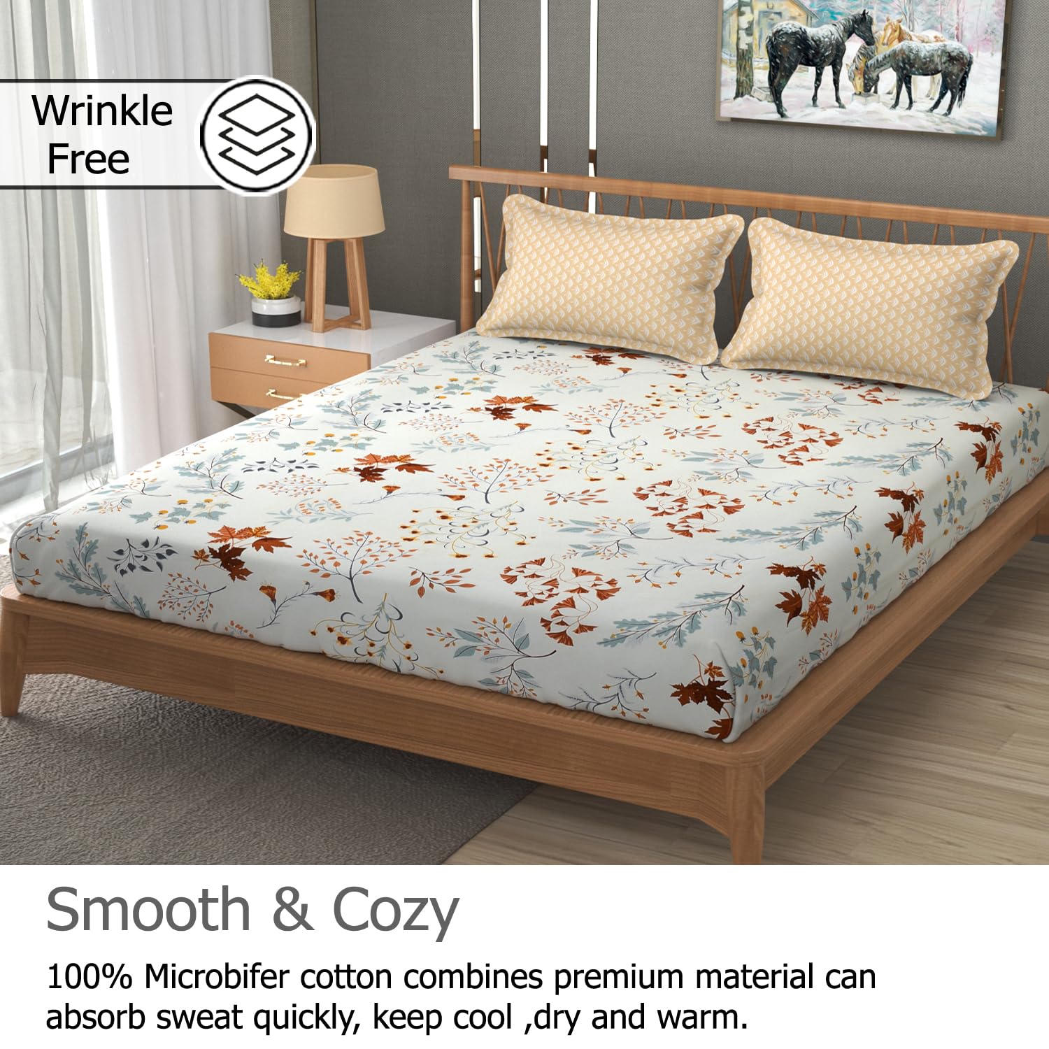 Printed King Size Bedsheet With 2 Pillow Cover - 108 X 108 Inches, White & Cream | Double Bed Breathable & Wrinkle Free | All-Season Comfort Bedsheet