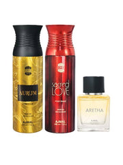 Ajmal Aurum Femme & Sacred Love Deodorant 200ml 6.7 Fl.oz. Each X2 And Aretha Eau De Parfume 50ml 1.6 Fl.oz. For Women