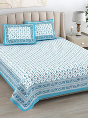 1 Queen Size Bedsheet For Double Bed With 2 Pillow Covers (90 X 108 Inches) White & Sky Blue | Beautiful Printed Designs - Breathable 100% Cotton Bedsheet Comfortable