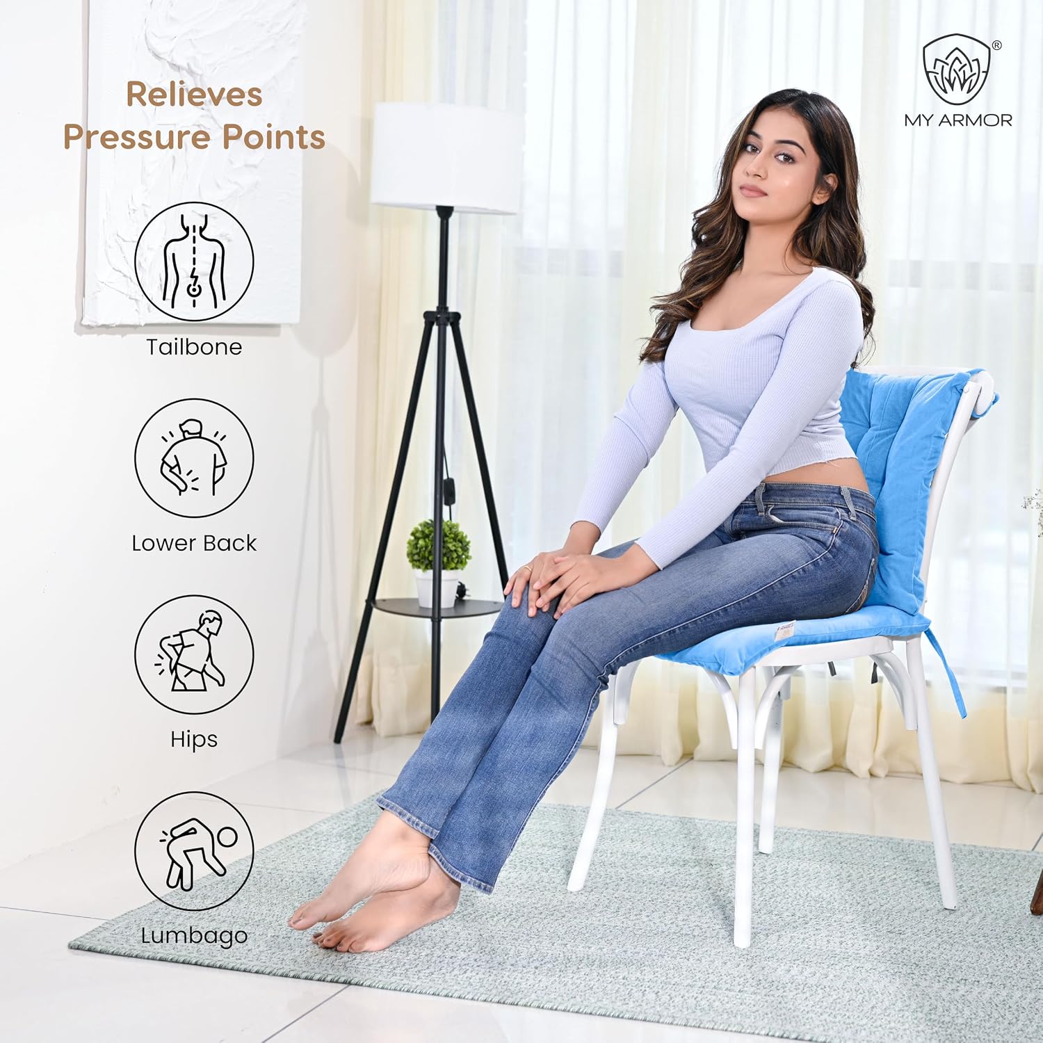 Square Chair Pads Cushion, For Comfortable Sitting, Sky Blue Color - 40 X 40 Cm | Seat Cushions With Ties For Sitting, Pooja, Dining & Office Table | Furniture Cushion, Washable - Pack Of 2