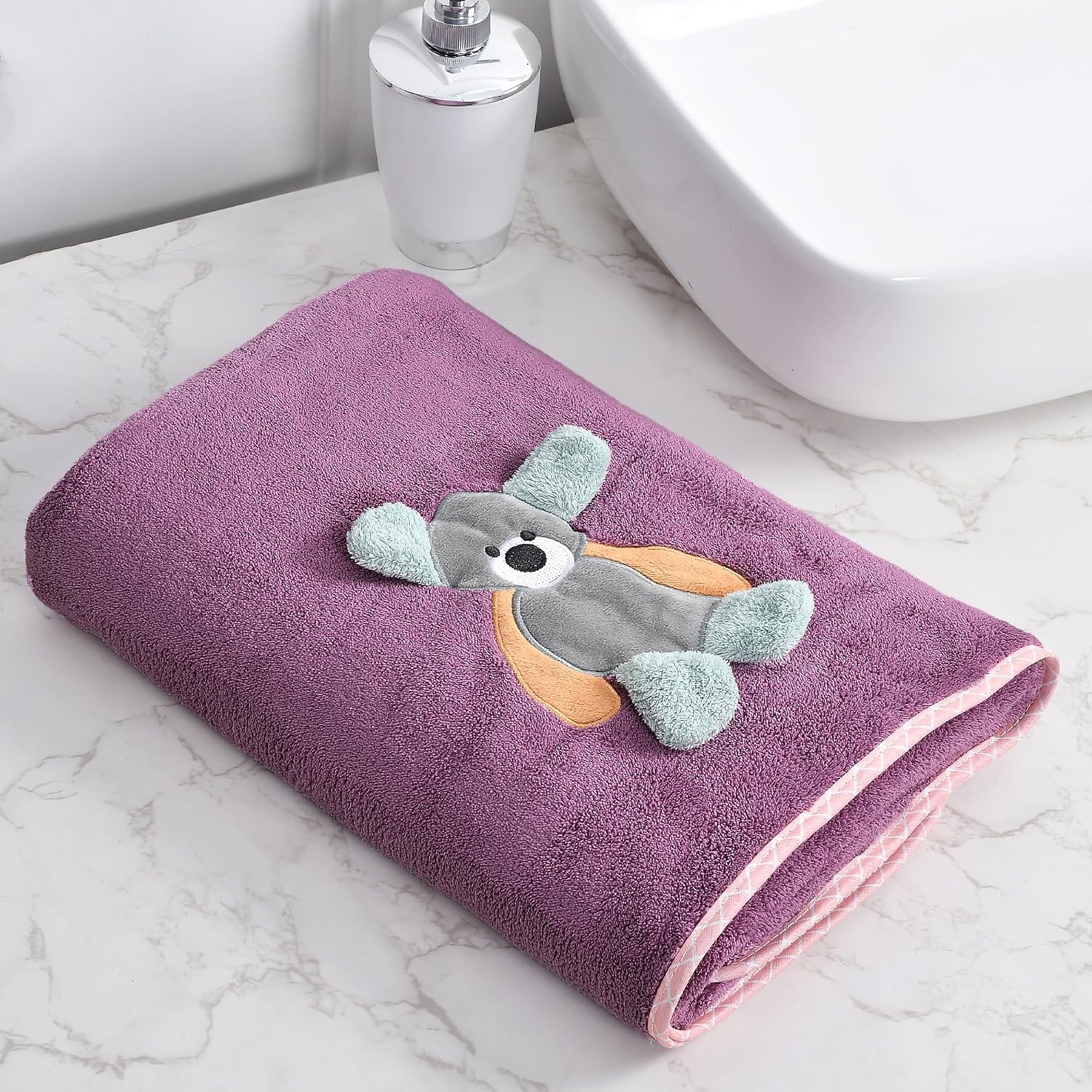 Urbanleaf Premium Microfiber Kids Bath Towels 300 Gsm | Quick Drying Towels For Unisex Kids Cartoon Print Baby Towel (Purple)