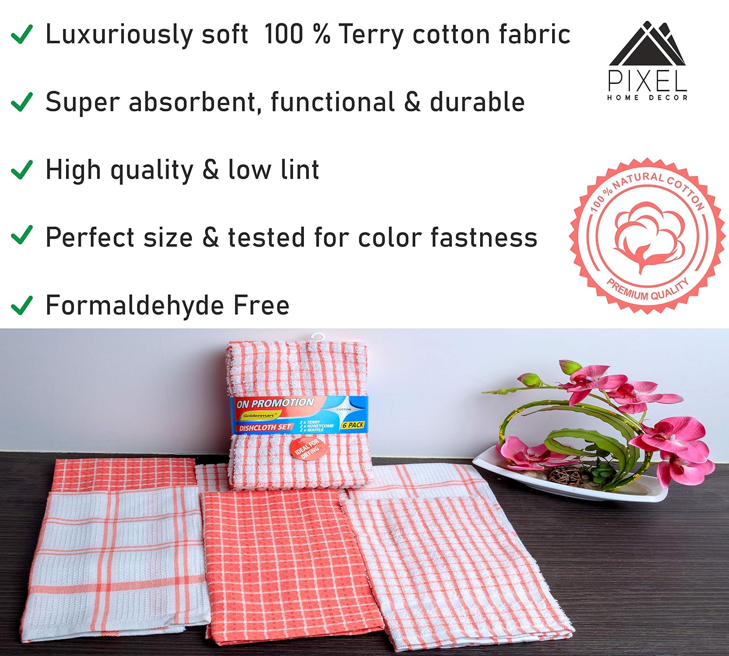 Pixel Home Cotton Multi-Purpose Terry & Waffle Dish Cloths Kitchen Wiping Cleaning Towel 300 Gsm -Set Of 6 (Pink)