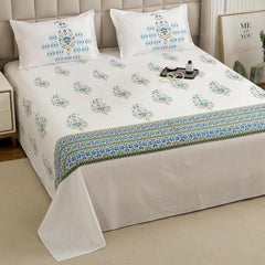 1 Piece Cotton Bedsheet For King Size With 1 Pillow Cover - 108 X 108 Inches, White & Blue | Soft & Durable For Everyday Use & Bedroom - All Season Comfort