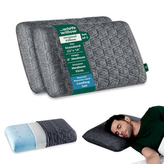 Memory Foam Pillow, Cool Gel Pillow For Neck & Shoulder Pain, Grey, Standard Size - 4 Inch | Cervical Support For Sleeping | Orthopedic For Back, Side Sleepers - Medium Firm - Set Of 2