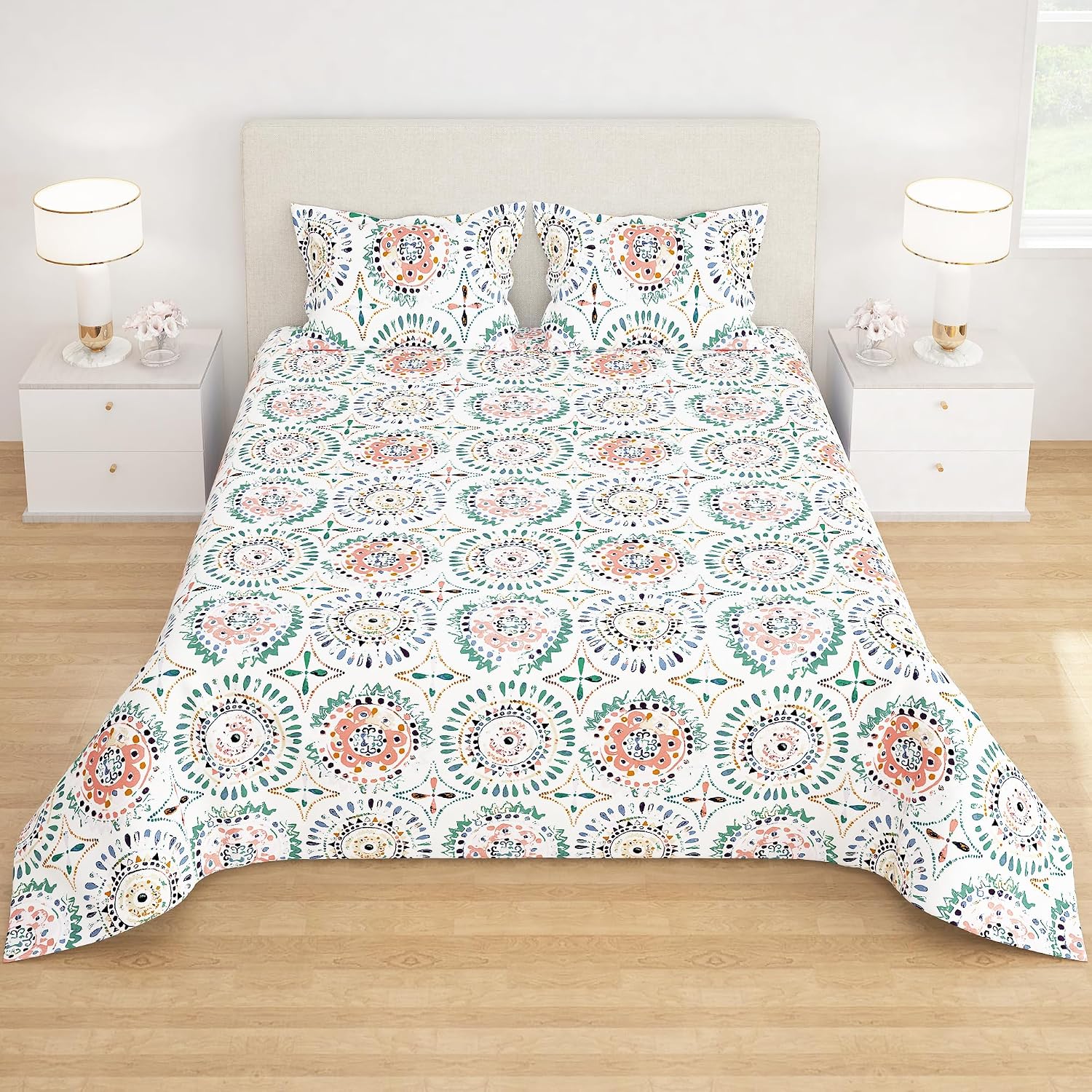 Bedsheet For Double Bed Queen Size With - 88 X 100 Inches, White & Peach | Comfortable & Sleeping Environment | Long-Lasting Comfort