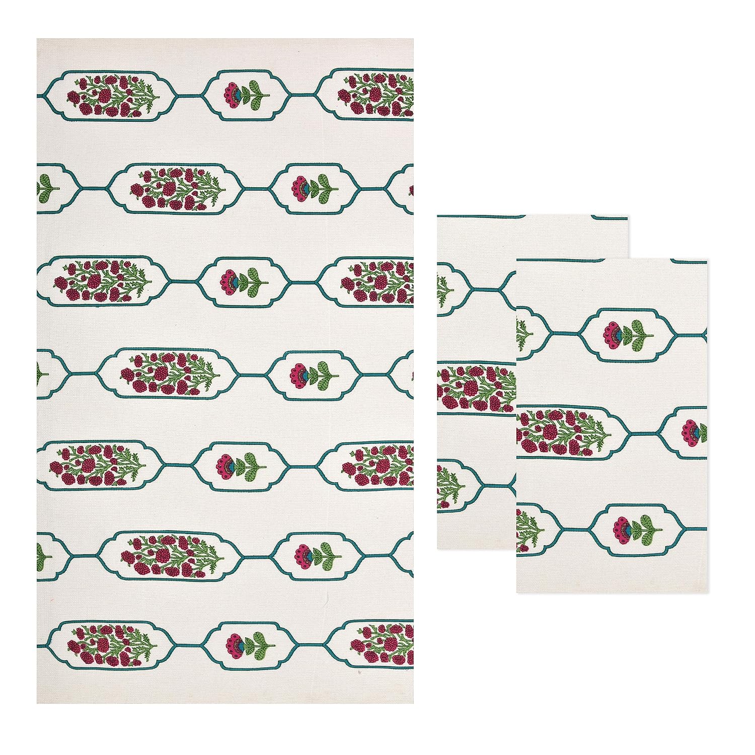 Easygoods Waffle 1 Bath & 2 Hand Towels Beautiful Pure Cotton Hand Block Printed Soft Water Absorbent Towels 250 Gsm (Sea Green) | Pack Of 3