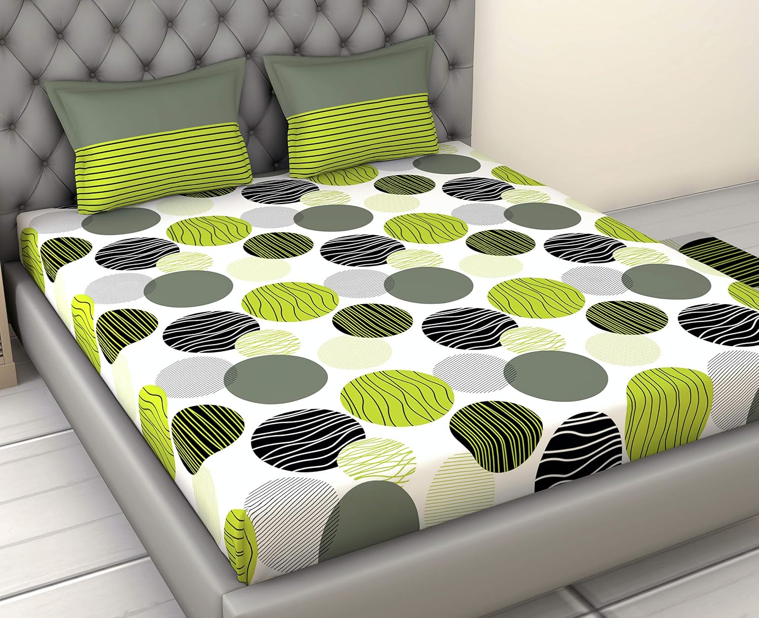 Printed Bedsheet For Double Bed 2 Pillow Cover - 60 X 78 Inches, Olive Green & Black | All Around Elastic Fitted - Ultra Soft & Breathable | Superior Softness & Breathability